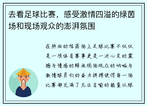 去看足球比赛，感受激情四溢的绿茵场和现场观众的澎湃氛围