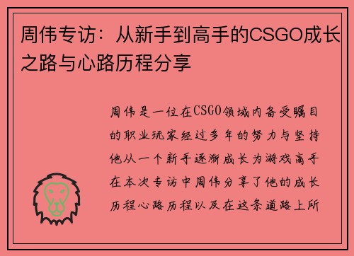 周伟专访：从新手到高手的CSGO成长之路与心路历程分享